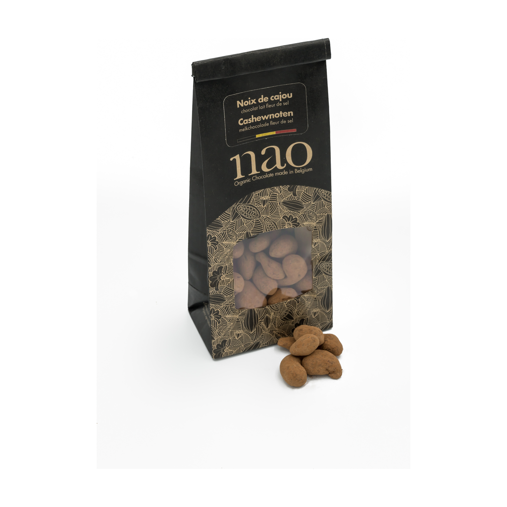 [NAO-N248] 100g - Cajou Enrobées Chocolat Lait 45% Sao Tome Bean-to-bar Fleur de Sel (sachet) bio - Nao