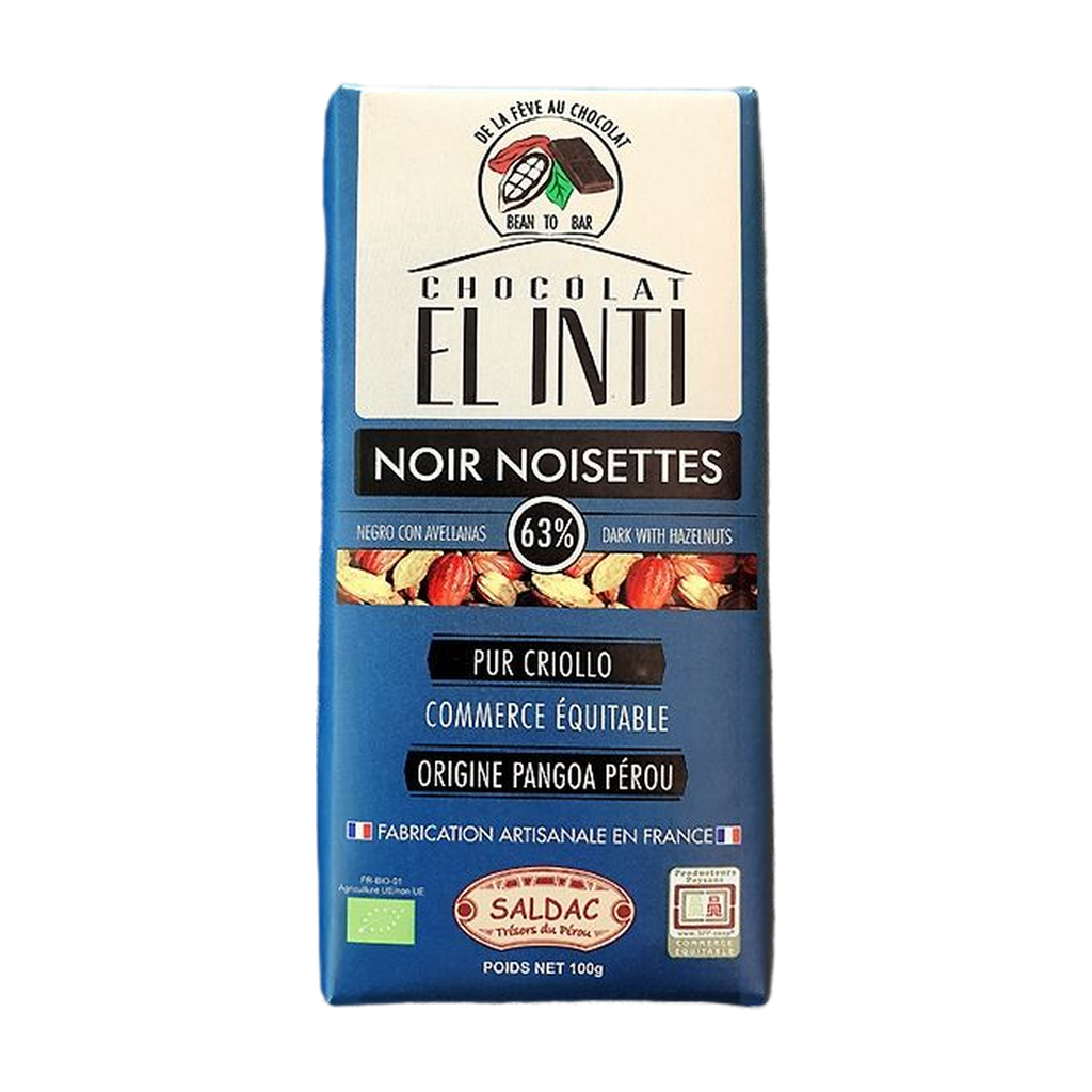 [SD-NOIRNOIS] 100g - Chocolat noir 63% noisettes 15% El Inti bio - Saldac