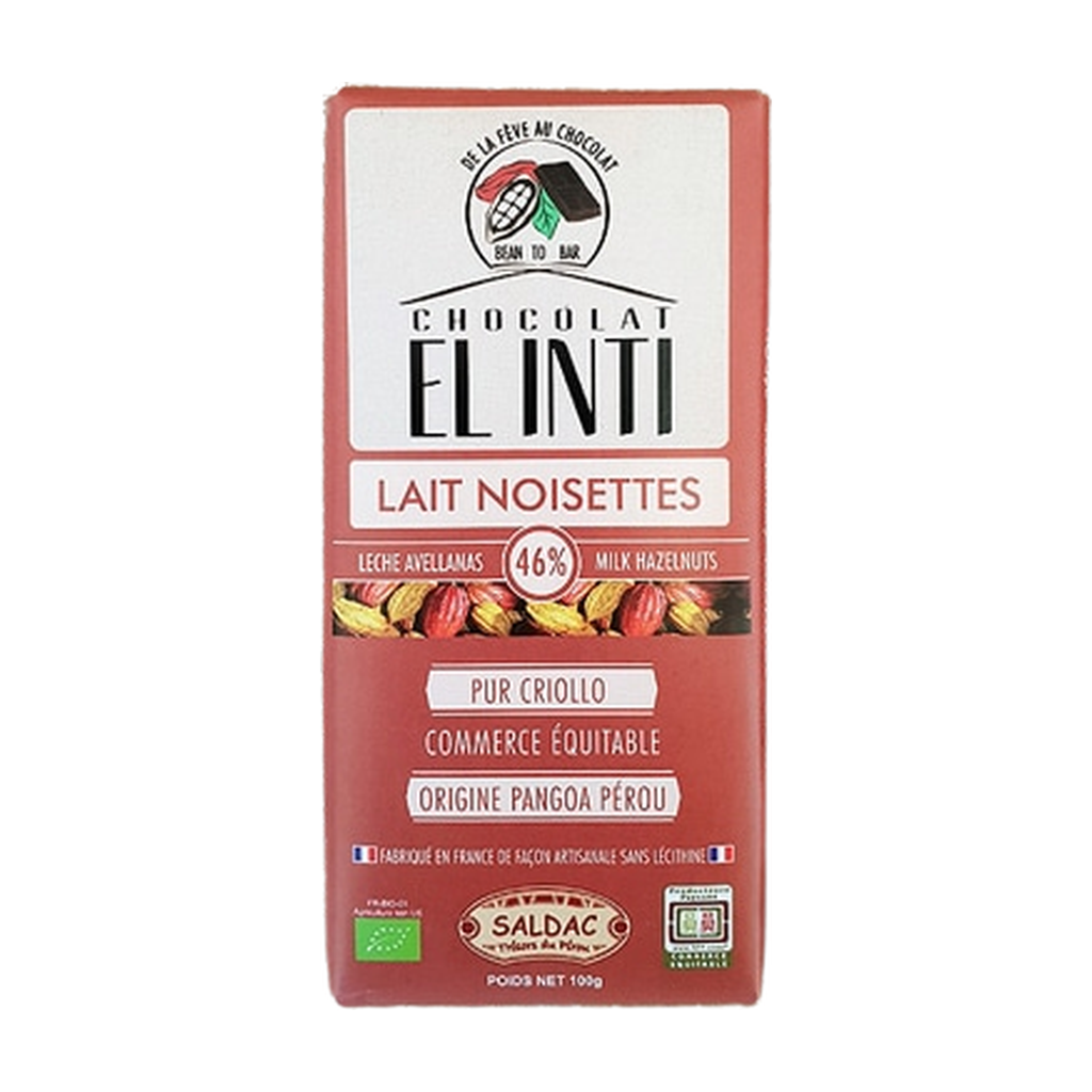 [SD-LAITNOIS] 100g - Chocolat au lait 46% noisettes 15% El Inti bio - Saldac