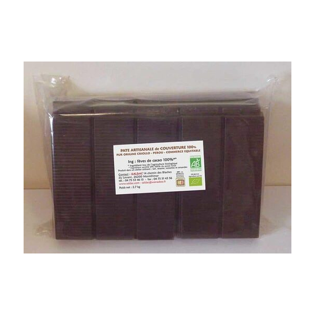 [SD-COUV100] 2,7kg - Pâte de cacao de couverture 100% 3 tablettes x 900g bio - Saldac