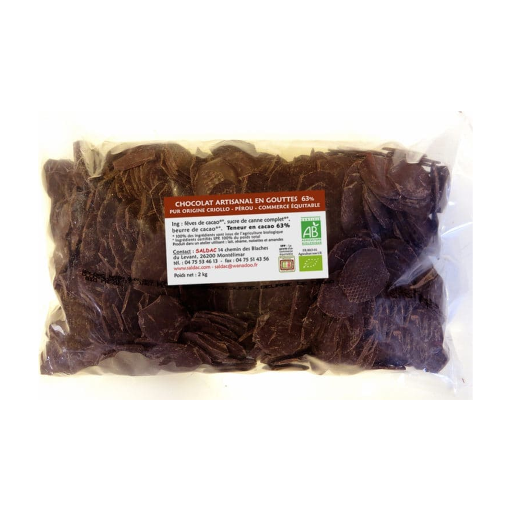 [SD-GOUTTE63] 2kg - Chocolat de couverture en gouttes noir 63% bio - Saldac
