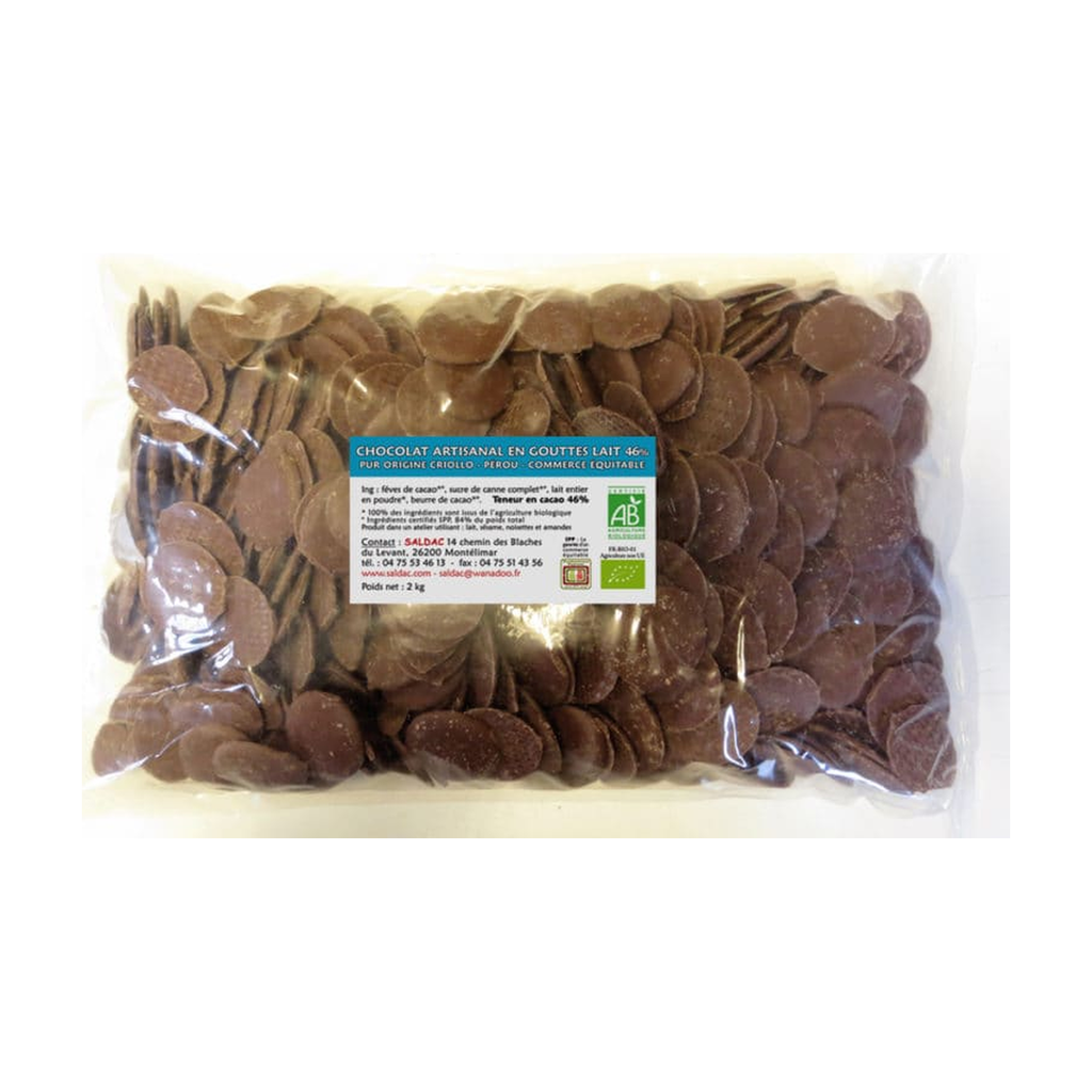 [SD-GOUTTELAIT] 2kg - Chocolat de couverture en gouttes lait 46% bio - Saldac