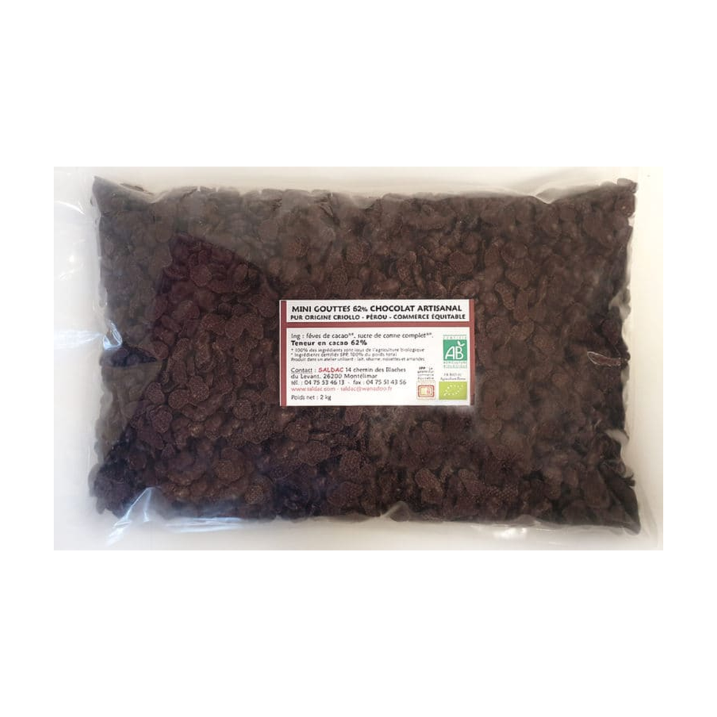 [SD-MINIGOUT62] 2kg - Mini-gouttes (spécial cookies et cakes) noir 62% sans beurre de cacao bio - Saldac