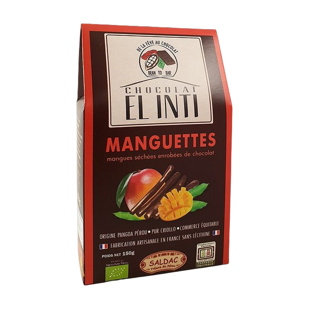 [SD-BD-MANGCHOCO] 150g - Boîte dégust. Bâtonnets mangue séchée enrob. chocolat noir 63% bio - Saldac