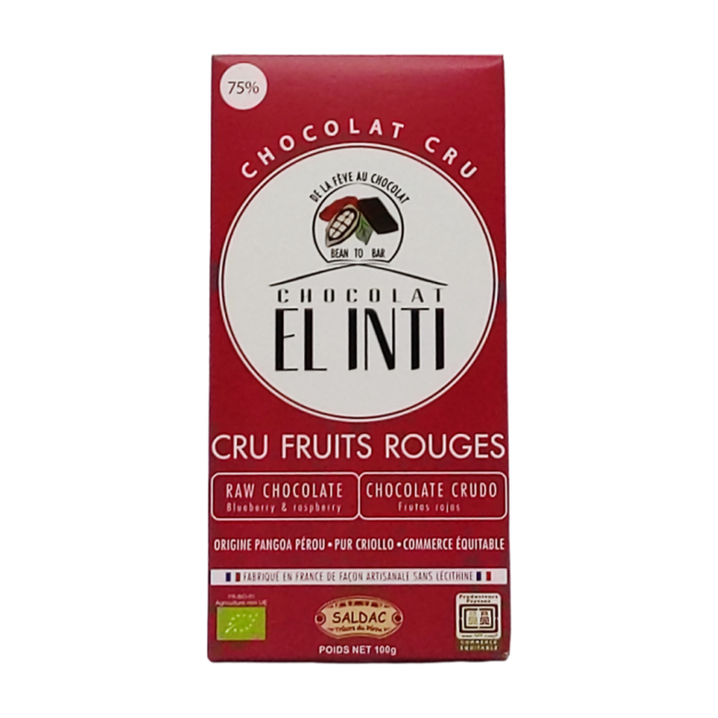 [SD-CRUFROUG] 100g - Chocolat noir cru 75% myrtilles-framboise El Inti bio - Saldac