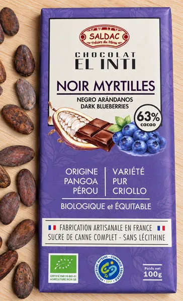 [SD-NOIRMYRT] 100g - Chocolat noir 63% Myrtilles Sauvages El Inti bio - Saldac