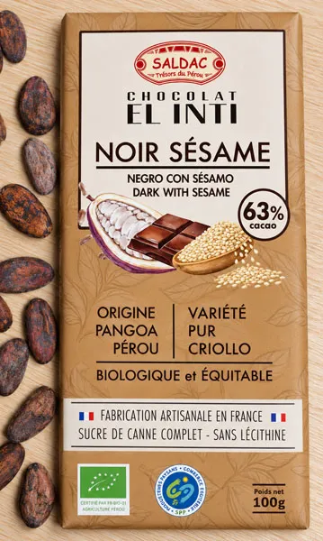 [SD-NOIRSESAM] 100g - Chocolat noir 63% Sésame grillé El Inti bio - Saldac