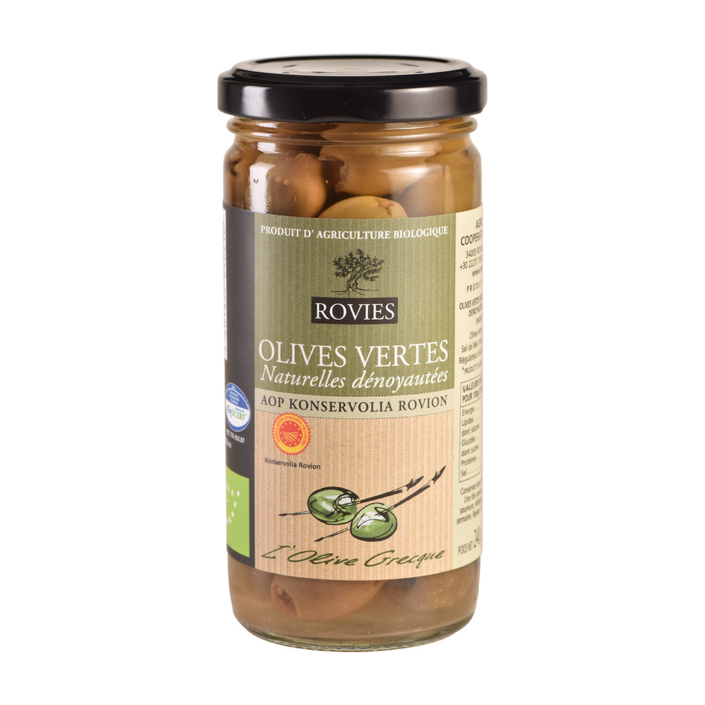 [EP-OLV-DEN350] 350g - Olives vertes dénoyautées bio - Rovies